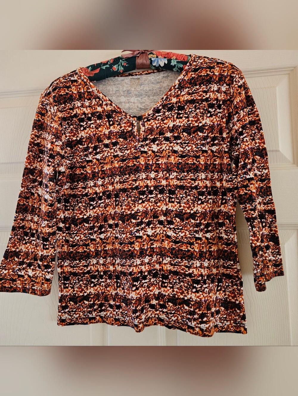 Anne Klein Sport Top Orange/Multi Cotton V-Neck  3/4 Sleeve - SMALL